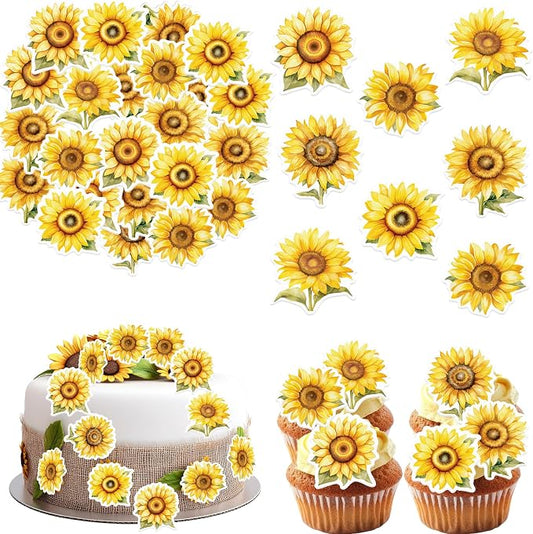48 Pack Edible Sunflowers Cupcake Toppers Wafer Paper Floiwers Cupcake Picks Edible Yellow Sun Flower Cake Decor for Sunflower Theme Party Wedding Baby Shower Birthday Supplies (Sunflowers)