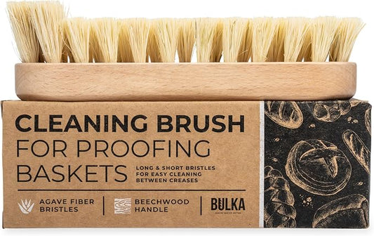 Bulka Banneton Natural Cleaning Brush for Wood Pulp Sourdough Proofing Baskets - Ergomonic Beechwood Handle & Agave Bristles, Medium Firmness Long & Short Bristles for Efficient Cleaning