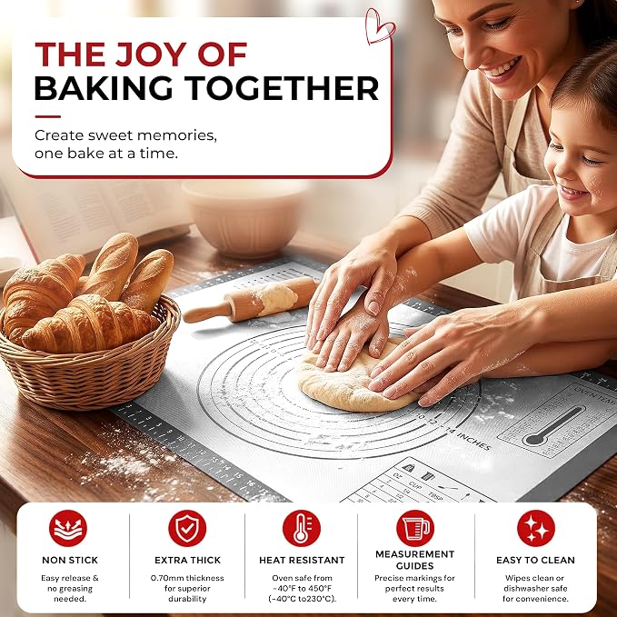 XL Silicone Pastry Mat for Baking, Extra Large 28x20 in, Non-Stick & Non-Slip Dough Mat for Rolling Out with Measurements, Bread, Pizza, Pie Crust, Cookies, Fondant,Oven Safe, Dishwasher Safe (Grey)