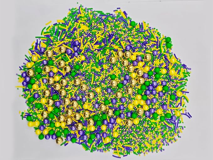 Mix Mardi Gras Sprinkles, Edible Purple Yellow Green 2mm Nonpareils, Jimmies, 7mm Pearls, 10mm Gold Pearls for Cake Decorating, Baking, Ice Cream, Cookies, Cupcake Topper Decorations, 5.64oz