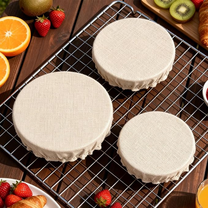 3 Pack Reusable Bowl Covers for Bread Proofing, 6/8/10 Inch Linen Bowl Covers with Elastic Rim, 100% Natural Organic Linen, Unbleached, Elastic Lids for Sourdough, Dough Proofing and Food Storage