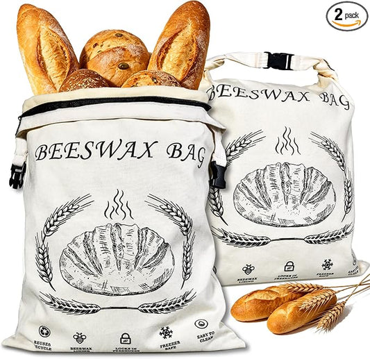 Reusable Cotton Beeswax Bread Bags 2 Pack – Extra Large 13"x17" Zipper & Roll-Buckle Double Seal for Homemade Sourdough, Keep Bread Fresh Longer, Zero Waste Bread Storage for Loaf Baguette