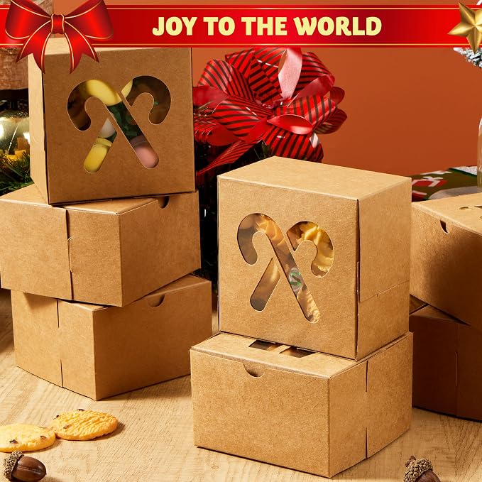JOYIN 36 PCS Christmas Cookie Boxes for Gift Giving, Brown Bakery Treat Boxes with Window, 4" x 4" x 2.5" Gift Wrap Box for Xmas Holiday Party Favor Pastries, Cupcakes, Donuts, Brownies, Donuts