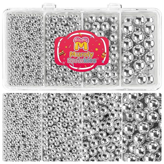Silver Sprinkles Edible Pearls for Cake Decorating, 4 Sizes Silver Pearl Sprinkles for Cupcakes Ice Cream Dessert 4.6oz