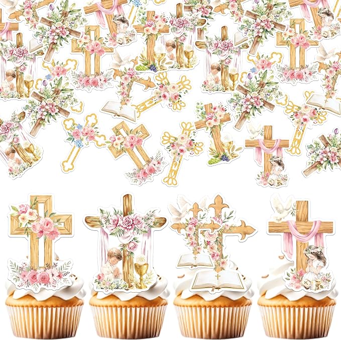 64 PCS Edible God Bless Cupcake Toppers Wafer Paper Dove Cross Baptism Cupcake Picks Edible Floral First Communion Cake Decorations for God Bless Theme Baby Shower Birthday Party Decorations Supplies