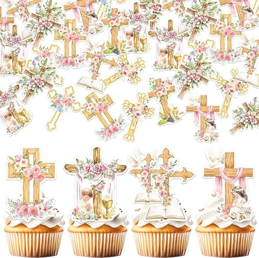 64 PCS Edible God Bless Cupcake Toppers Wafer Paper Dove Cross Baptism Cupcake Picks Edible Floral First Communion Cake Decorations for God Bless Theme Baby Shower Birthday Party Decorations Supplies