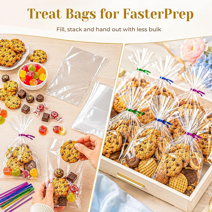 LOKQING Cellophane Bags Plastic Treat Bag Clear Cookie Candy Bags with Twist Ties for Party Favors Bag, Graduation Gift Bags(200 Pack, 5x7inch)