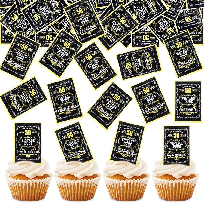 40Pcs Edible Rectangle 50th Birthday Card Cupcake Toppers Edible Black 50 Vintage Dude Awesomeness Cupcake Picks Drink Toppers for 50th Vintage Birthday Anniversary Party Decorations
