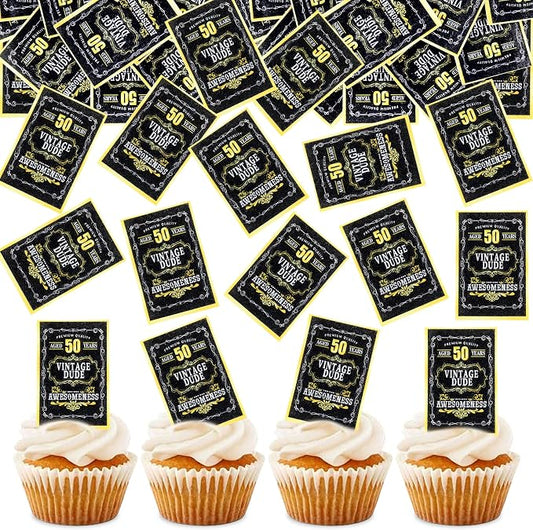 40Pcs Edible Rectangle 50th Birthday Card Cupcake Toppers Edible Black 50 Vintage Dude Awesomeness Cupcake Picks Drink Toppers for 50th Vintage Birthday Anniversary Party Decorations