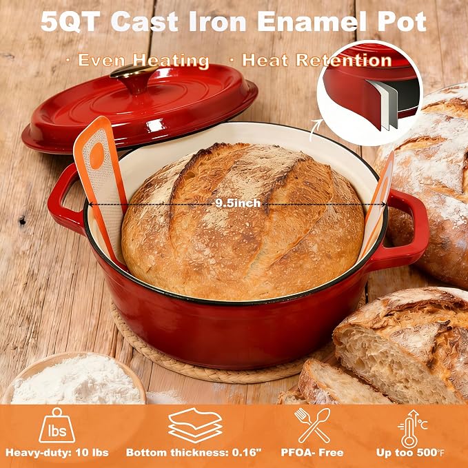 All-Inclusive Sourdough Starter Kit with Enameled Cast Iron Dutch Oven & Scale - Premium Bread Making Tools with 4 Banneton Proofing Baskets, Beginner Guide, Sling, 34oz Starter Jar, Best Baking Gifts