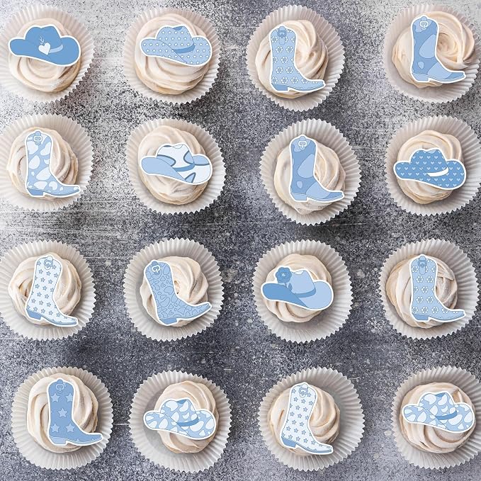 36PCS Edible Cowboy Cupcake Toppers Wafer Paper Blue Horse Boots Hat Cupcake Picks Edible Rodeo Cake Decorations for Western Horse Racing Theme Birthday Baby Shower Party Supplies