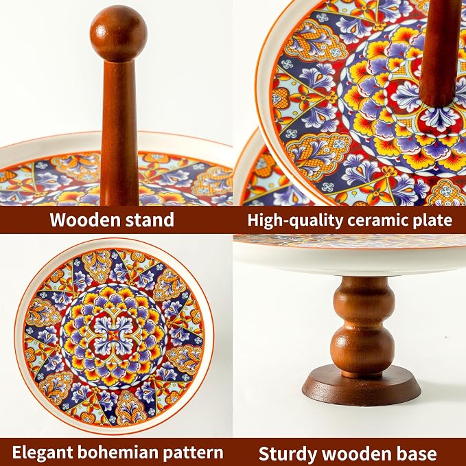 2 Tiered Cupcake Dessert Stand Ceramic, Tiered Serving Cake Stand Bohemian Plates Tray Food Grade Dessert Display Stand, Beautiful Gift for Tea Party, Weddings Parties & Home Décor (Orange)