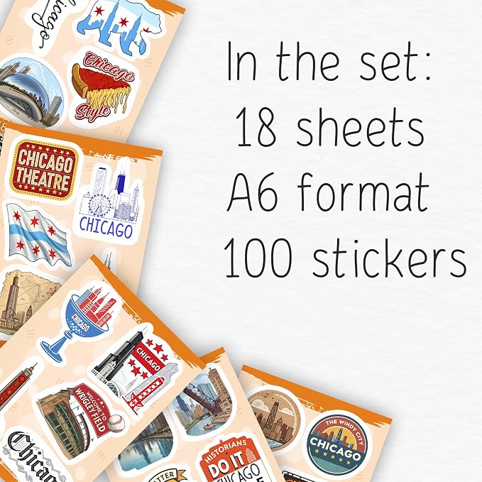 100Pcs Chicago Stickers and Decals for Luggage, Water Bottle - Chicago Gifts, Party Supplies - Travel USA Cities Stickers - Gift for Women & Men