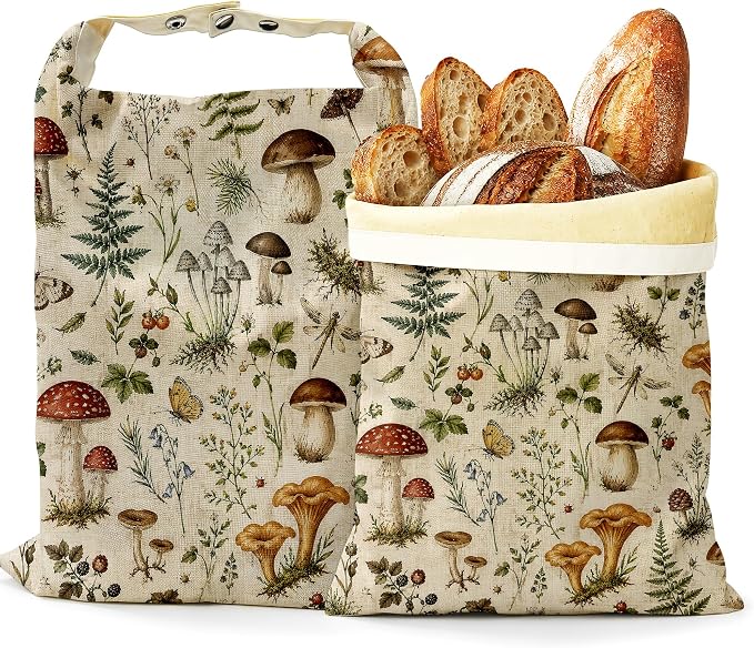 Mushroom Fern Bread Bags for Homemade Bread, Butterfly Garden 2 Pack Linen and Beeswax Sourdough Storage Bags, Reusable Keeper, Keeps Breads Fresh Longer, Gifts for Bakers