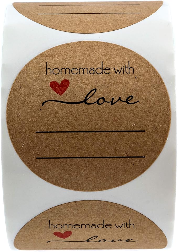 2" Homemade with Love Sticker with Writing Lines / 2" Round Homemade with Love Canning Label / 500 Jar Labels Roll/Made in The USA