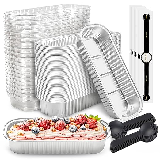 NPLUX 50 PACK Mini Cake Pans with Lids and Spoons, Rectangular Aluminum Foil Bread Pan, Mini Loaf Pans and Food Containers with Lids for Graduation Gifts Party Favors(Silver, 6.8oz)