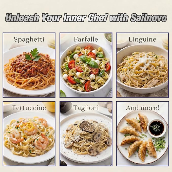 Sailnovo 3 in 1 Pasta Maker Machine - 9 Adjustable Thickness Settings Aluminum Alloy Pasta Roller & 2 Width Cutters for Fresh Spaghetti, Fettuccini, Lasagna, Dumplings - Stainless Steel, Silver