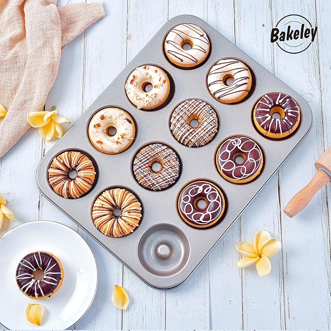 Non-Stick 12-Cavity Donut Pans, Dount Mold Cake Pan Doughnut Bakeware for Oven Baking (Champagne Gold)