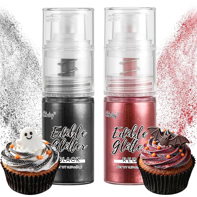 Halloween Edible Glitter Spray, Black & Red Edible Glitter for Cocktails, Cobakey Luster Dust Edible for Cake Decorating, Drinks, Baking, Chocolate, Strawberrie 5g/2 Bottles