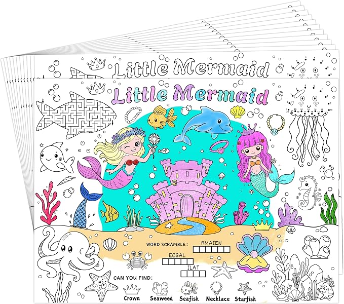 45pcs Mermaid Disposable Coloring Placemats Magical Mermaid Crafts for Kids Party Favors Coloring Poster Princess Birthday Party Supplies Classroom Activities Paper Table Mats