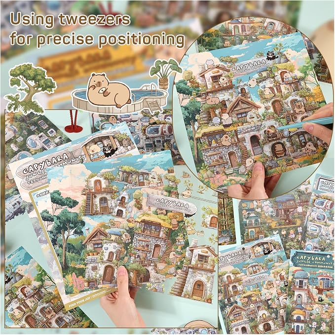 Girls 3D Miniature Scene Stickers, 4 Sets Jungle Community DIY House Stickers for Tribe, Technology, Mushrooms, Art, Cute 3D Cartoon Sticker Scenes for Adult Kids Relief Stress Pass The Time