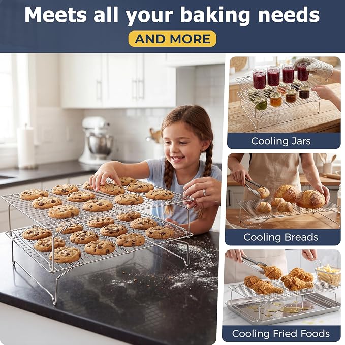 E-far 3-Tier Cooling Rack for Cooking and Baking - 15”x10” Collapsible & Stackable Tight-Wire Stainless Steel Cookie Rack for Baking Sheet, Oven, Roasting, Dishwasher Safe & Space Saving