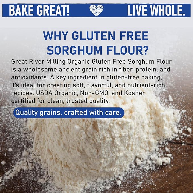 Great River Milling Organic Sorghum Flour | Whole Grain Gluten Free Flour | Non-GMO, Vegan & Kosher Certified | Milled for Smooth Texture | Ideal for Bulk Baking & Cooking, Pancakes & Batters | 25 Lb