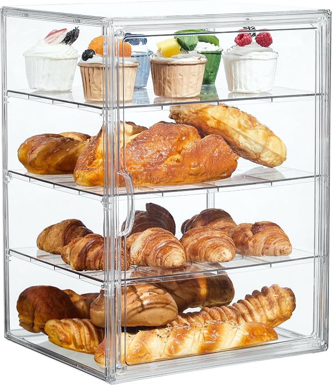SANKEU Pastry Display Case,Bread Box for Kitchen Countertop,4 Layers Adjustable Clear Bread Storage with Magnetic Door Bakery Pastry Display15.5x11.4x9.8inch，1 Pack