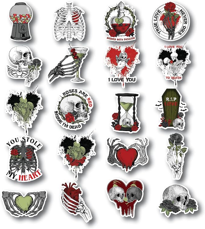 Gothic Skeleton Love Stickers Pack, 20pcs Dark Romantic Skull and Rose Gothic Girl Style Waterproof Stickers Vinyl Decals for Journals, Laptops, and Scrapbooks