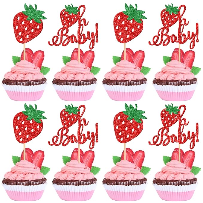 24 PCS Sweet Oh Baby Cupcake Toppers Glitter Oh Baby Strawberry Cupcake Picks Fruit Berry Cupcake Decorations for Strawberry Theme Baby Shower Kids Birthday Party Cake Decorations Supplies Red