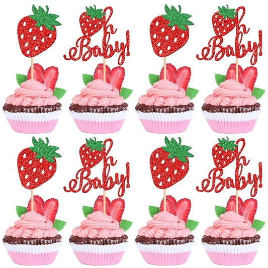 24 PCS Sweet Oh Baby Cupcake Toppers Glitter Oh Baby Strawberry Cupcake Picks Fruit Berry Cupcake Decorations for Strawberry Theme Baby Shower Kids Birthday Party Cake Decorations Supplies Red