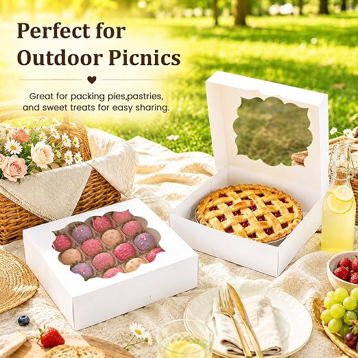 NPLUX 20 Pack Pie Boxes 10x10x3inch Bakery Boxes with Window Dessert Pastry Box for Pies,Cheesecakes and Chocolate Covered Strawberries, Graduation Gifts Party Favors(White)