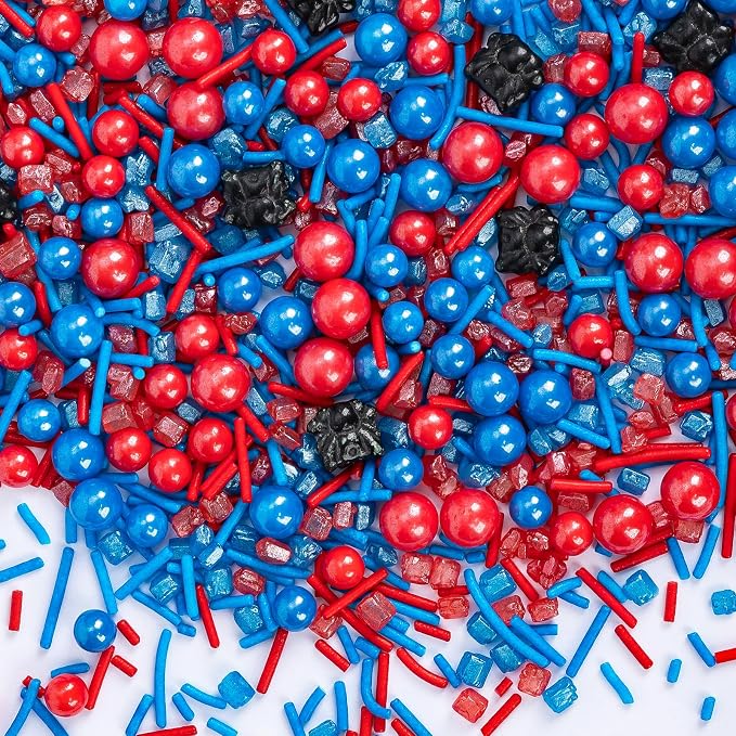Edible Spider Sprinkles,Black Spider,Hero Sprinkle,Spiderman Sprinkle for Cake,Red Blue Pearls Jimmies and Sanding Sugar Crystals for Desserts Decorating,130g,Cupcakes Cookie Donuts Ice Cream Decorations,Themed Toppers,Birthday,Children's Party Supplies