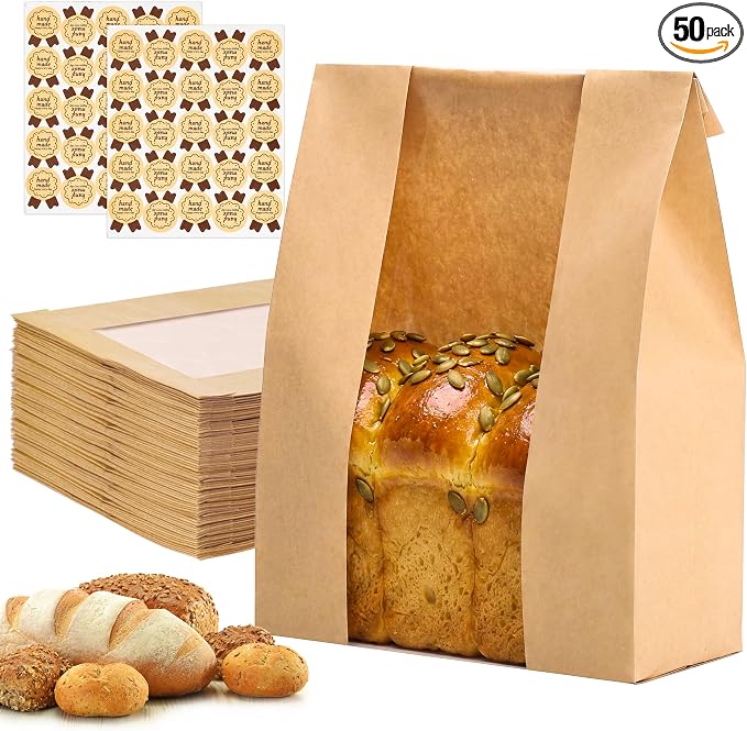 Moretoes Large Paper Bread Bags for Homemade Bread, 50Packs Sourdough Bread Bags with Window Includes Label Seal Stickers for Baked Food Packaging Storage (13.7x8.3x3.5 Inch), Brown