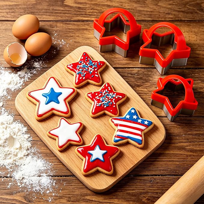 4th of July Star Shaped Cookie Cutters Set with Handle, Set of 3 Stainless Steel Patriotic Biscuit Molds for Pressing Cookie, Sandwich, Bread, Independence Day Baking Decorations