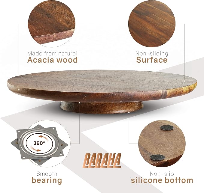 13" Acacia Wood Cake Stand Rotating – Rustic Cake Stand Turntable – Wooden Revolving Spinner Cake Decorating Supplies - Use at Parties, Weddings, Restaurants (Acacia Wood)