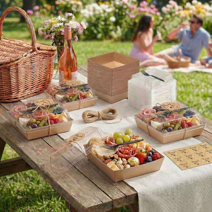 Leafiew 50 Pack Small Individual Charcuterie Boxes with Clear Lids and Forks - To Go Paper Mini Charcuterie Box, Disposable Food Containers, 5Inch Dessert Boxes for Cookie, Cake Slice, Strawberries