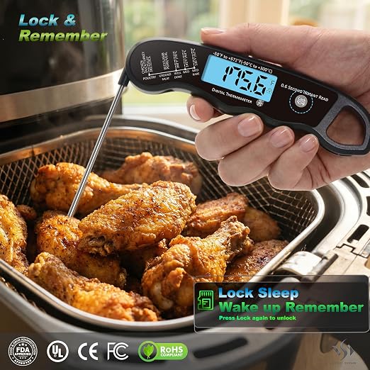 0.6S Instant Read Digital Meat Thermometer Pen for Outdoor BBQ, Grilling, Smoking, Oven Baking, Oil, Candy with Factory-Calibrated Waterproof Magnetic Backlit Flip Display, Motion Sensor.