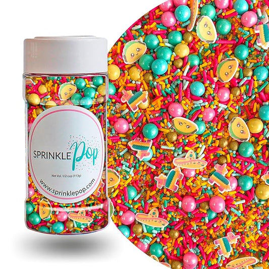 Cinco De Mayo Sprinkle Mix| Made In USA By Sprinkle Pop| Golden Yellow Pink Turquoise Sprinkles with Tacos Piñatas Wafer Paper| Decorating Sprinkles For Taco Tuesday Donuts Cupcakes Cakes Cookies, 4oz