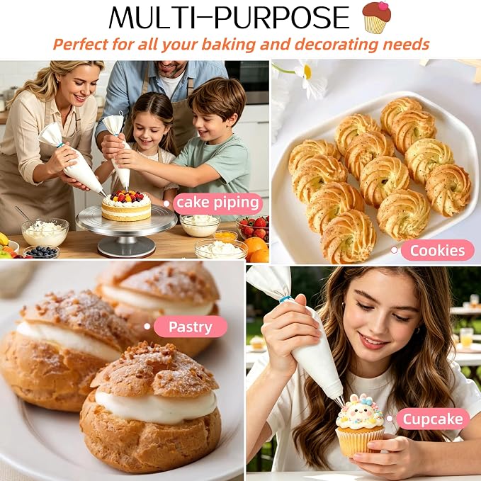 14-Piece Reusable Piping Bags and Tips Set- Cotton Baking Kit with Coupler, Stainless Steel Nozzles,Silicone Cable Ties& Cleaner for Cakes/Cupcakes/Cookies Decorating