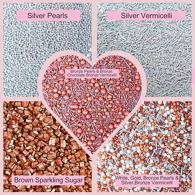 Confect-Rose Gold Edible Cake Sprinkles Mix – Pearl Dragees, Silver & Copper Jimmies, Bronze Sparkling Sugar – White, Rose Gold, Silver Glam Sprinkle Set for Cake Decorating, Baking & Cupcakes- Vegan, Gluten-Free, Nut-Free, Soy-Free, Dairy-Free, Palm O...