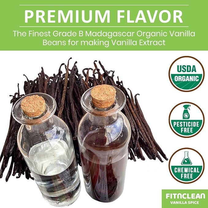 1oz Organic Madagascar Vanilla Beans Extract Exclusive Grade B by FITNCLEAN VANILLA | 4"-6" By Weight - 1 Ounce (1/16 Lb) Bulk Dry Whole NON-GMO Bourbon Pods. Certified USDA Organic.