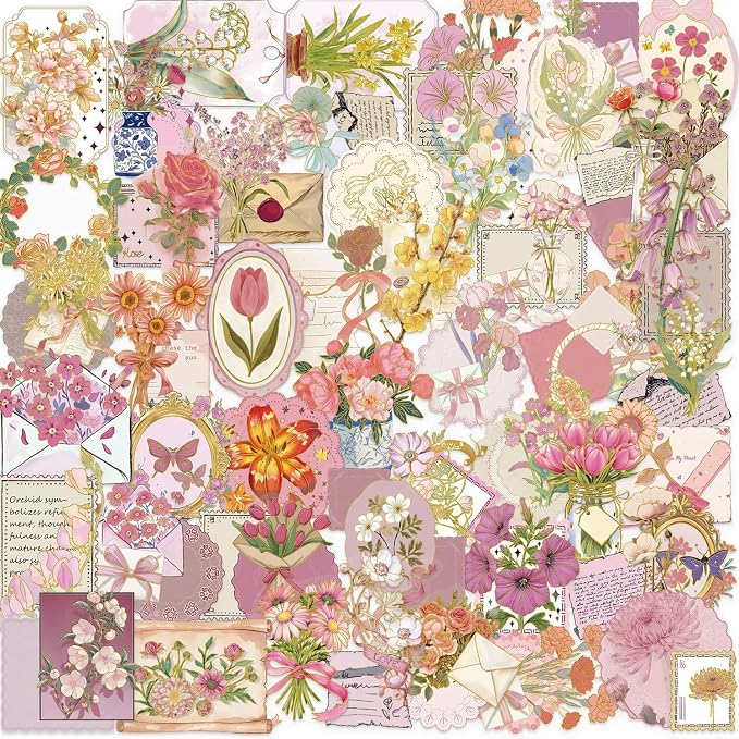 50 Pcs PET Transparent Gold Foil Flower Stickers, Waterproof Vinyl Floral Decals for Laptop Skateboard Luggage, Elegant Flower-Themed Stickers Gift for Teens Adults(Flower-sl)