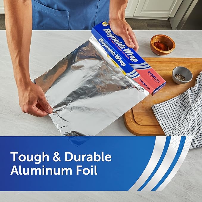 Reynolds Wrap Everyday Strength Aluminum Foil Roll, Freezer Safe and Grill Safe, Great for Foil Packets and Home Cooking, 12 Inches Wide, 100 Total Sq. Ft.