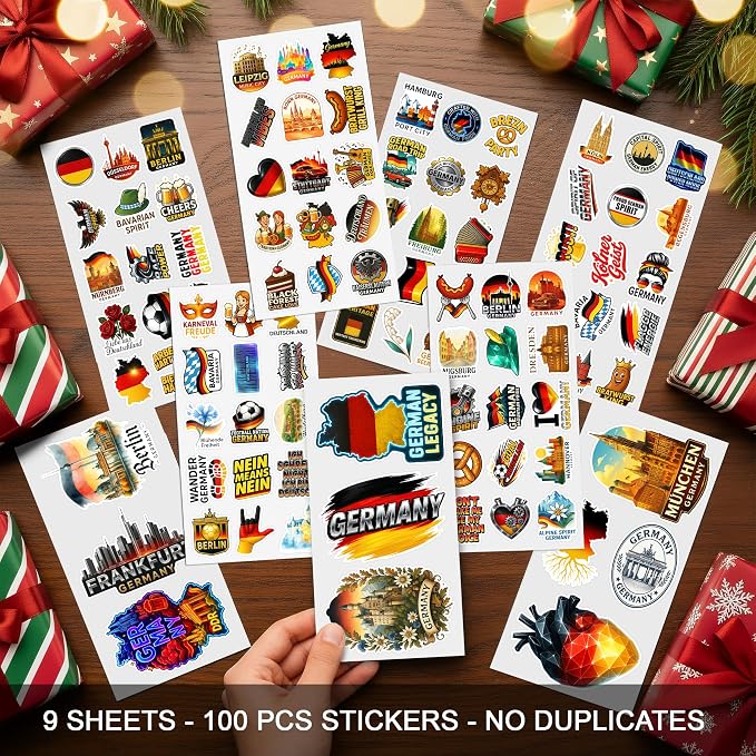 100 PCS Germany Stickers Pack, German Travel Vinyl Waterproof Decals of Berlin Munich Frankfurt Bavaria Landmarks, Beer Pretzel Culture Deutschland for Laptop Water Bottle Scrapbook Car Teens