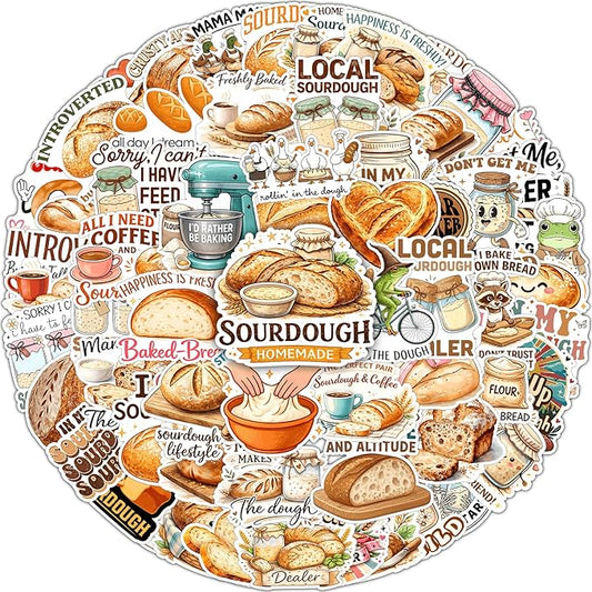 100pcs Sourdough Stickers Pack, Funny Bread Sticker, Bakery Stickers, Baking Stickers for Jar Water Bottle Laptop Scrapbooking Phone Decoration, Lover Baking Gifts