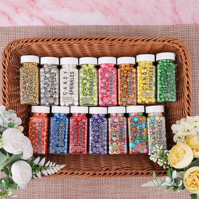 Yellow Pearl Sprinkles for Cake Decorating, 6 Sizes Mix 4.6 oz Edible Pearl Sugar Sprinkles for Baking Cupcake Cookies