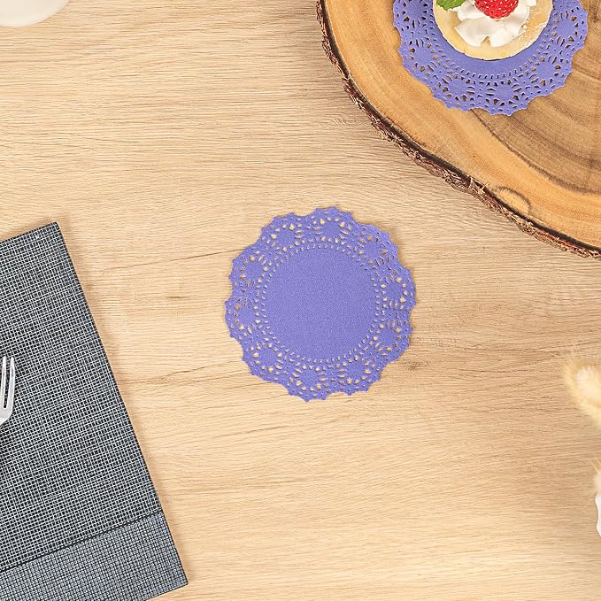 Restaurantware-Pastry Tek 4 x 4 Inch Paper Lace Doilies, 100 Round Disposable Table Doilies - Elegant Lace Finish, Long Lasting, Purple Paper Lace Doilies, for Pastries, Cupcakes, Desserts