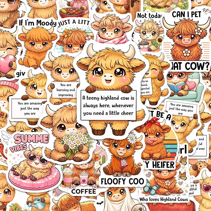 Highland Cow Stickers 50PCS – Waterproof Vinyl Cartoon Animal Decals for Water Bottles, Laptops, Journaling – Non-Repeating Decals, High-Definition Print Gift
