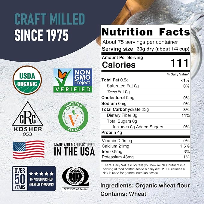 Great River Milling Organic Whole Wheat Pastry Flour | Soft Texture, Lower Gluten | USDA Organic, Non-GMO, Kosher | Ideal for Muffins, Cookies, Cakes & More | 5 Lb